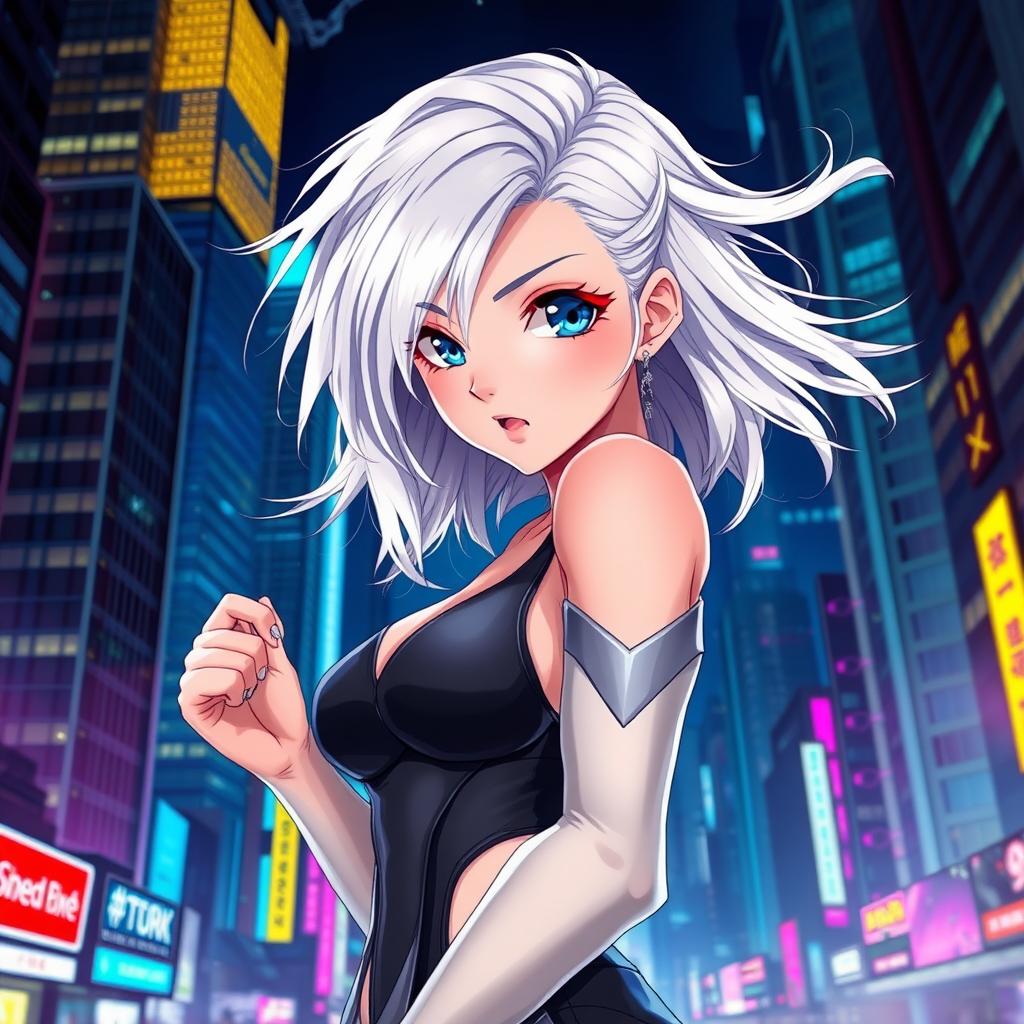 A hot anime girl with striking white hair, styled in an elegant yet edgy way