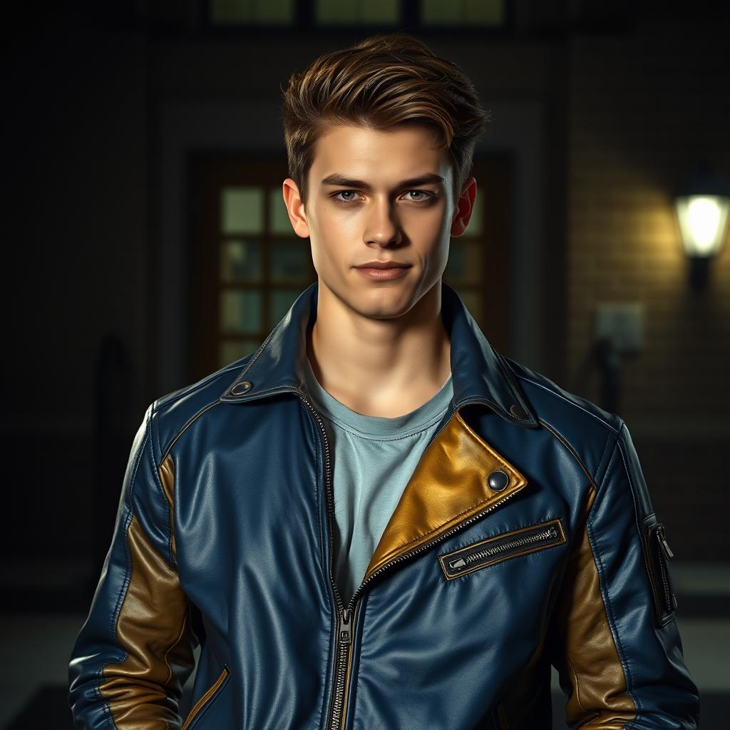 A hyper-realistic portrayal of a handsome teenage bully standing confidently in front of a school building