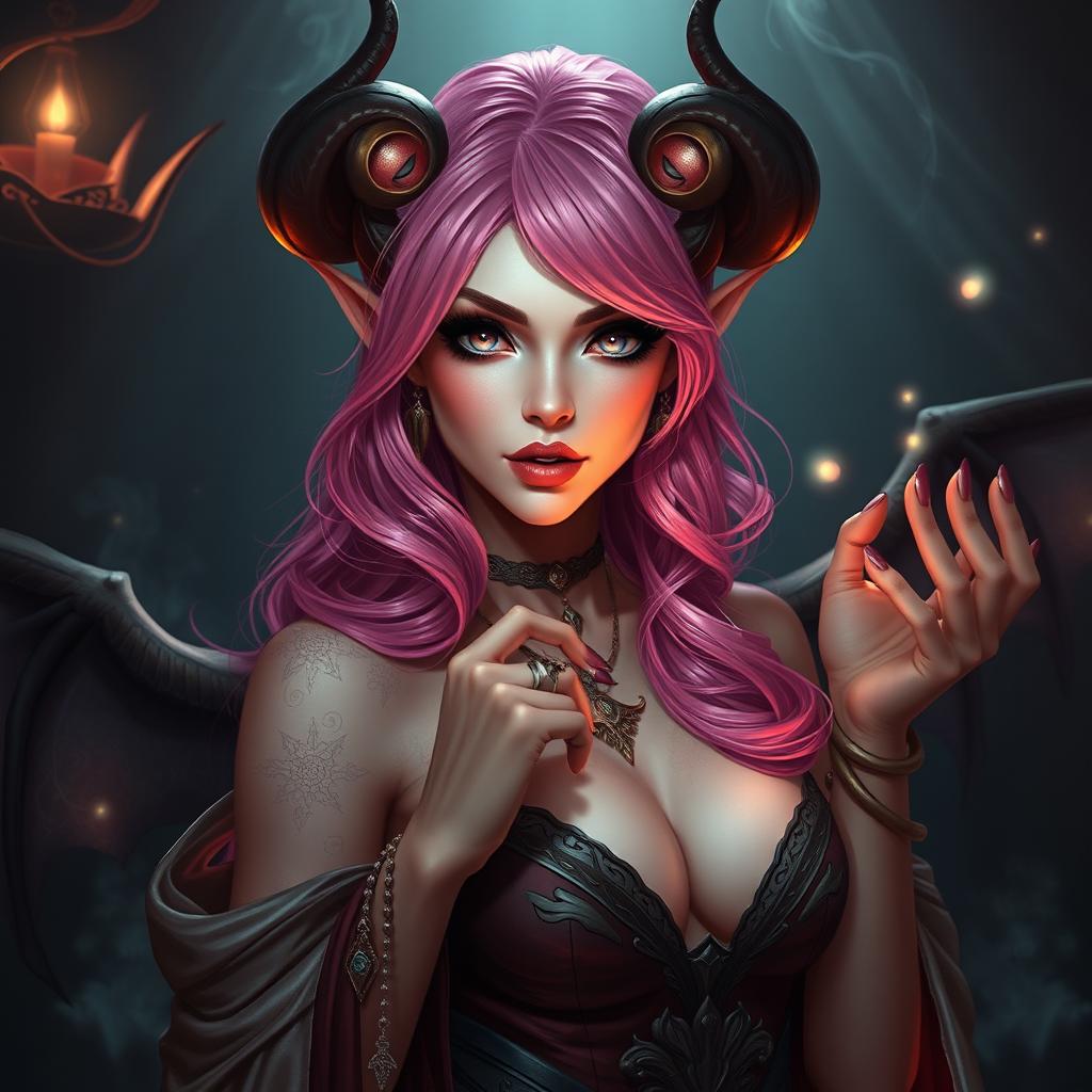 A captivating succubus with vibrant pink hair, adorned with elegant, softly glowing demonic features