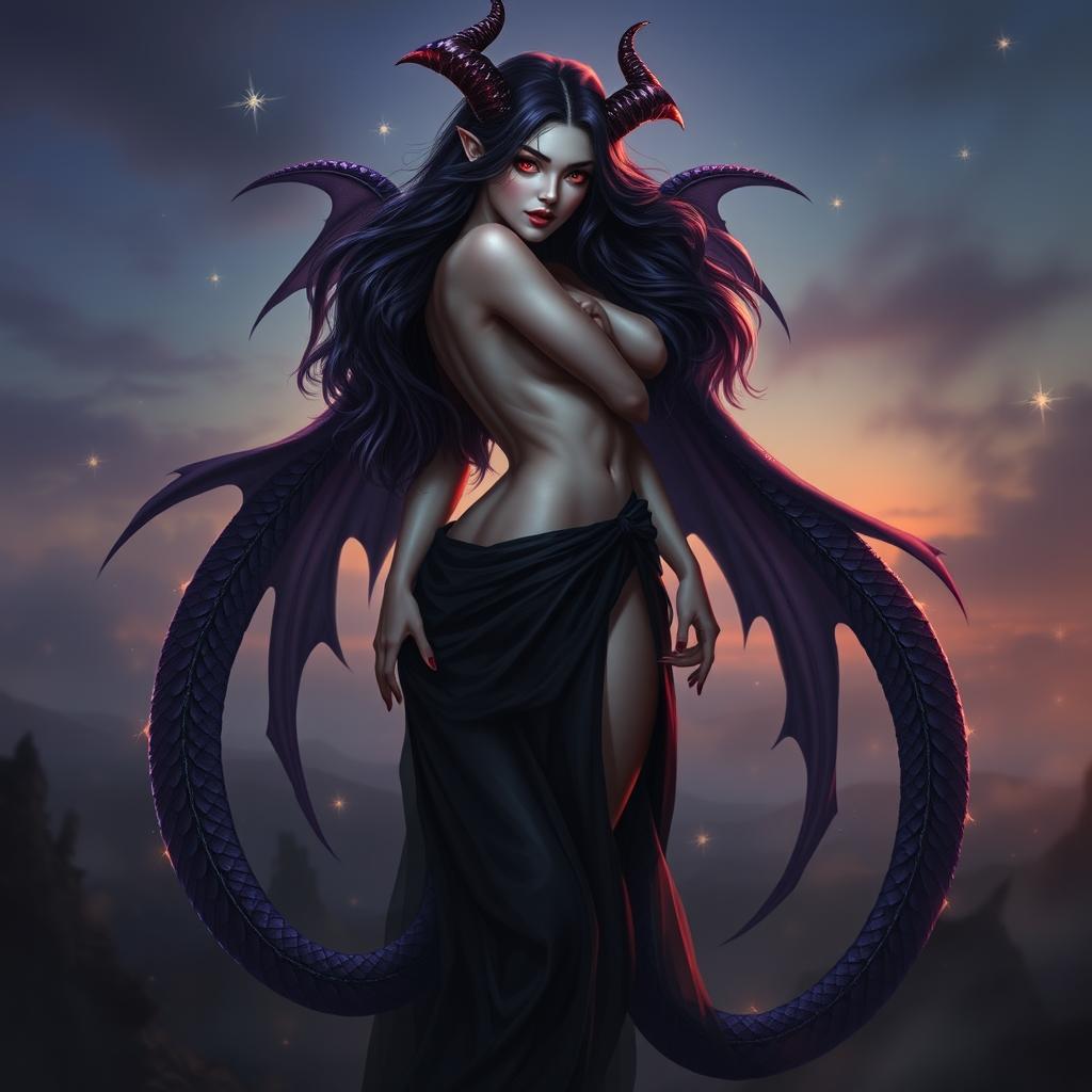 A captivating succubus with three long, elegant tails, each adorned with shimmering scales