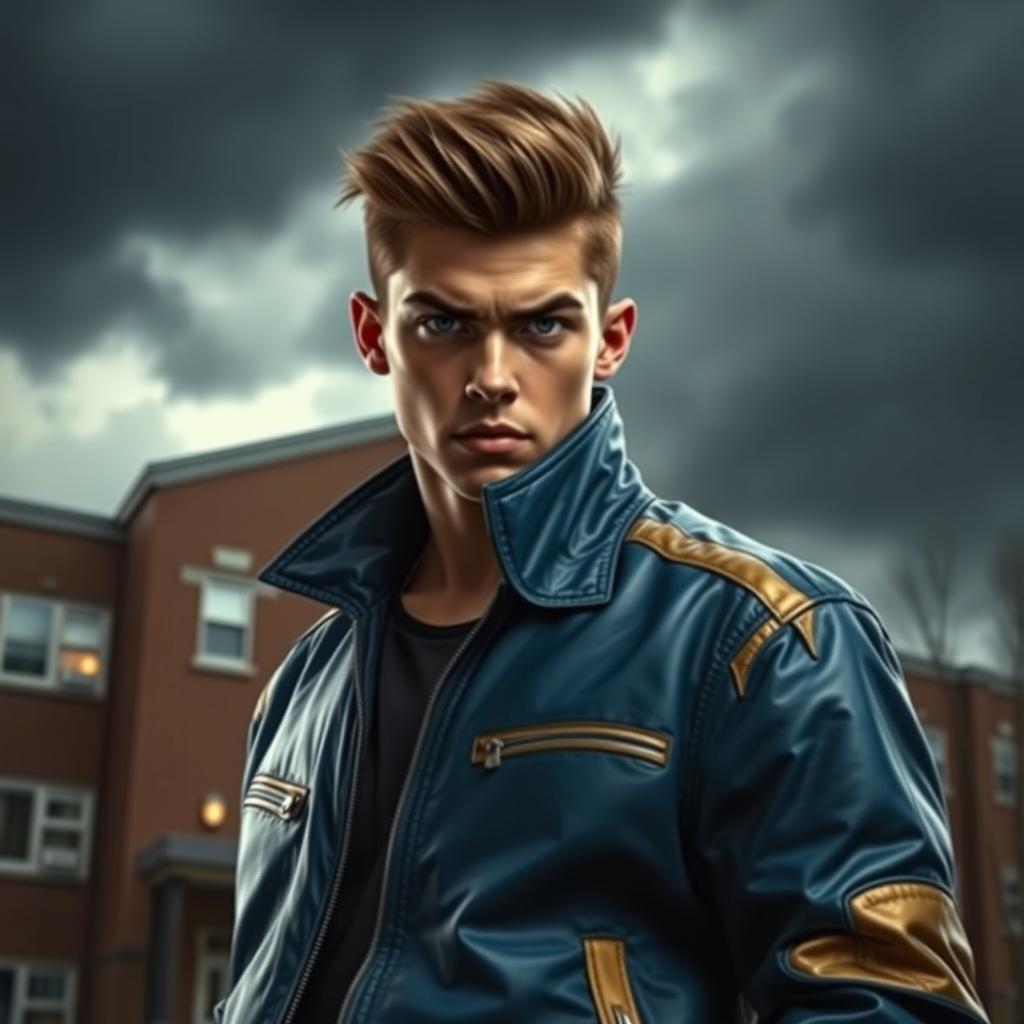 A hyper-realistic image of a handsome teenage bully, featuring sharp facial features and an intense expression