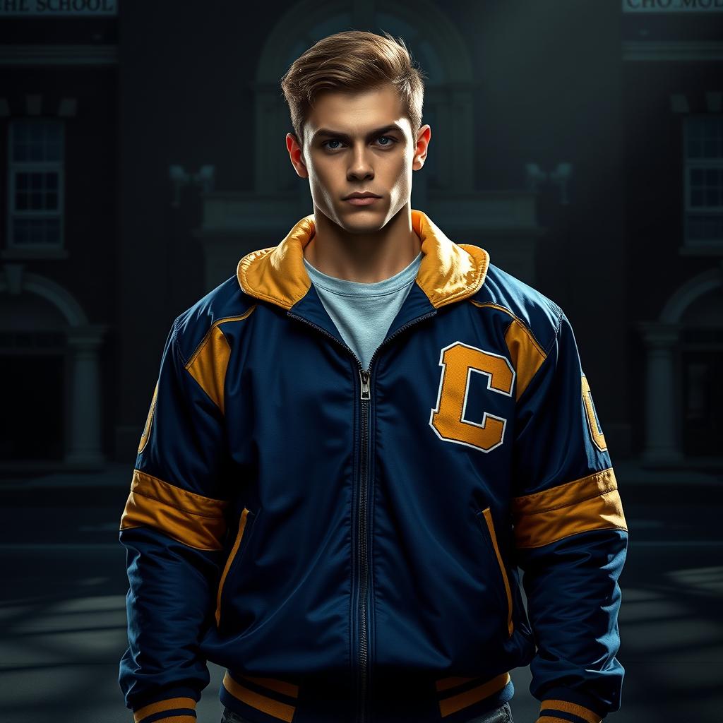 A hyper-realistic image of a handsome athletic high school bully, exuding confidence and charisma, wearing a blue and gold hockey jacket