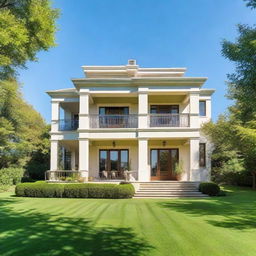 An elegant, well-constructed house with a lush green lawn, under a clear blue sky