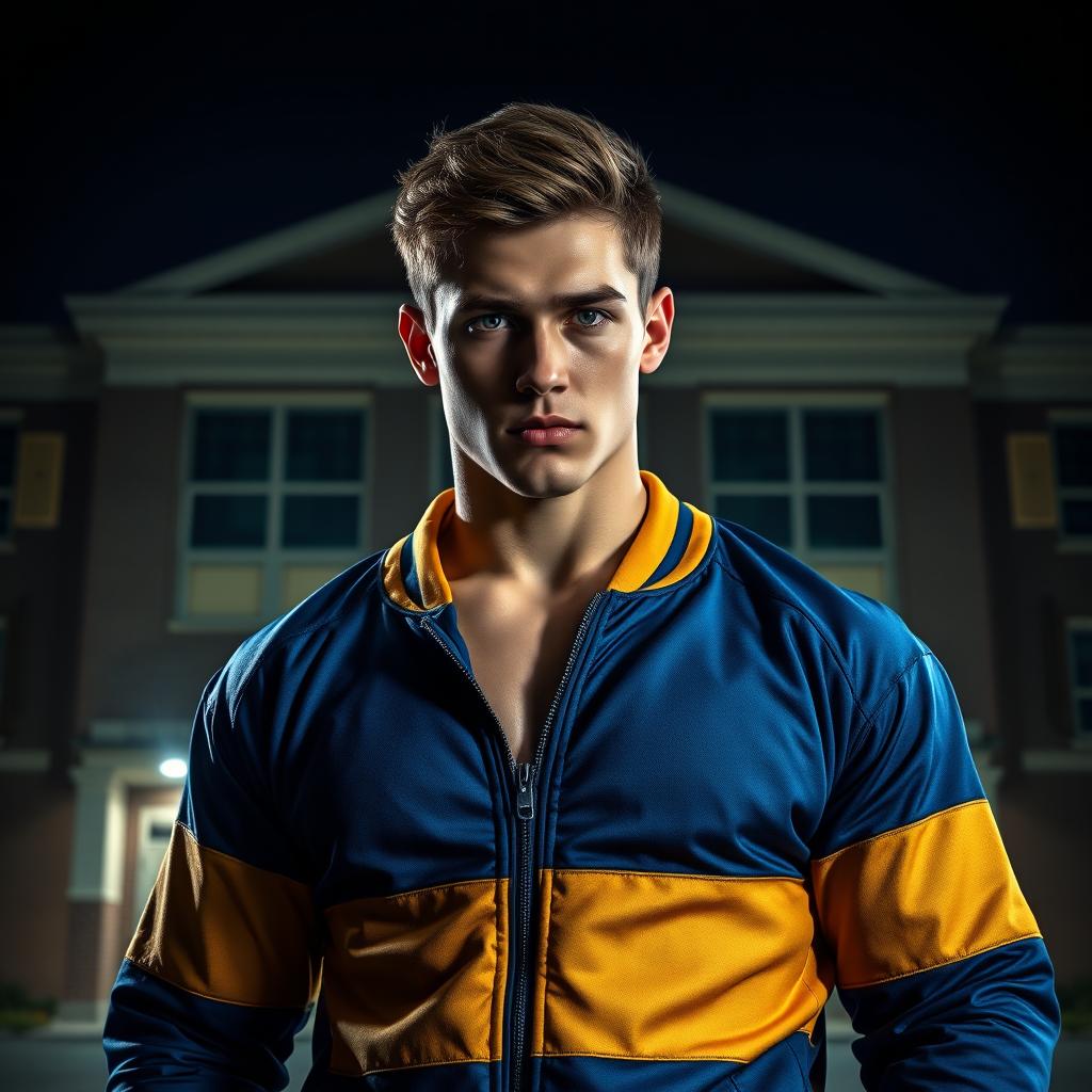 A hyper-realistic image of a handsome athletic high school bully, showcasing his muscular build and confident demeanor, standing in front of a school
