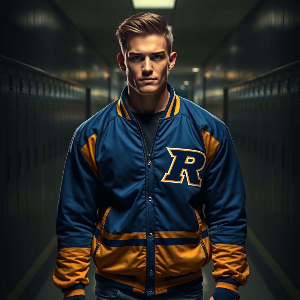 A hyper-realistic portrait of a handsome, athletic high school bully standing confidently in a dimly lit school hallway