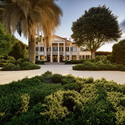 A luxurious mansion surrounded by perfectly manicured gardens under a sunlit sky