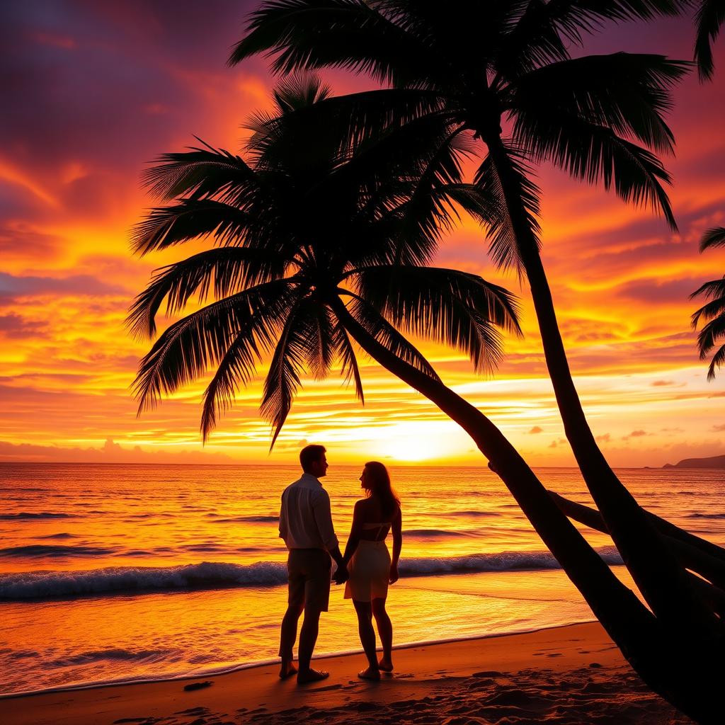 A breathtaking beach scene at sunset, with vivid orange and purple hues in the sky, reflecting on the calm ocean water