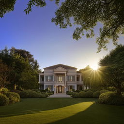 A luxurious mansion surrounded by perfectly manicured gardens under a sunlit sky