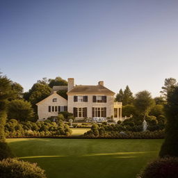 A luxurious mansion surrounded by perfectly manicured gardens under a sunlit sky