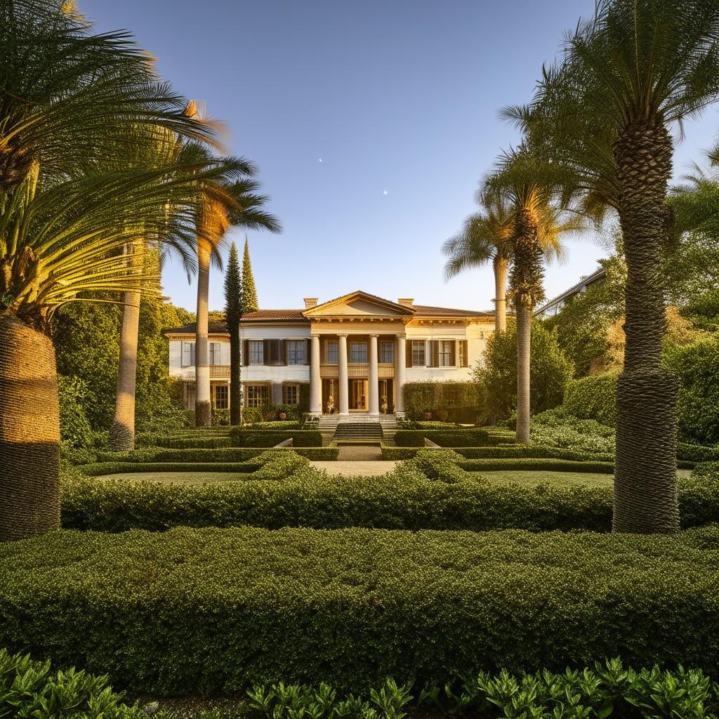 A luxurious mansion surrounded by perfectly manicured gardens under a sunlit sky