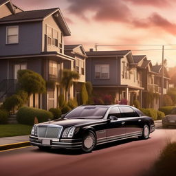 A modern rap album cover featuring a luxurious Maybach driving through an urban neighborhood