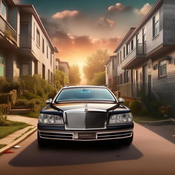 A modern rap album cover featuring a luxurious Maybach driving through an urban neighborhood