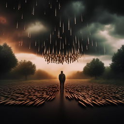 An album cover illustrating a rain of bullets against a dramatic and moody backdrop