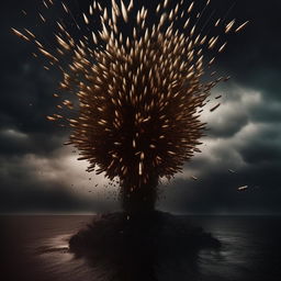 An album cover illustrating a rain of bullets against a dramatic and moody backdrop