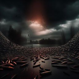 An album cover illustrating a rain of bullets against a dramatic and moody backdrop