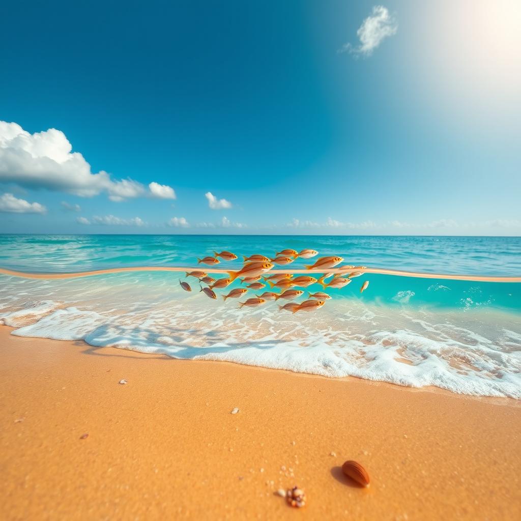 A serene beach landscape with gentle waves lapping at the shore