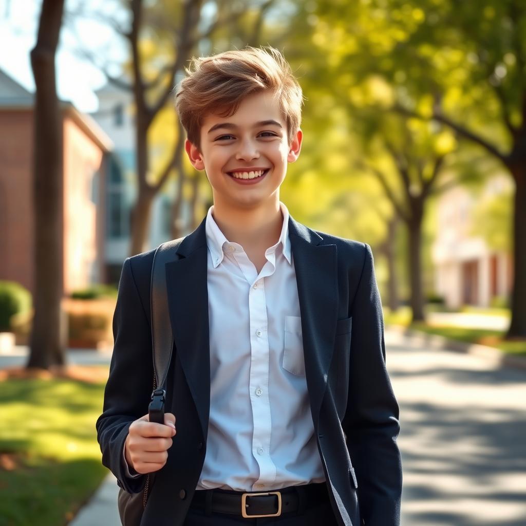 A charming, attractive teenage boy walking happily to school, dressed in a stylish school uniform, featuring a crisp white shirt, navy blazer, and smart trousers