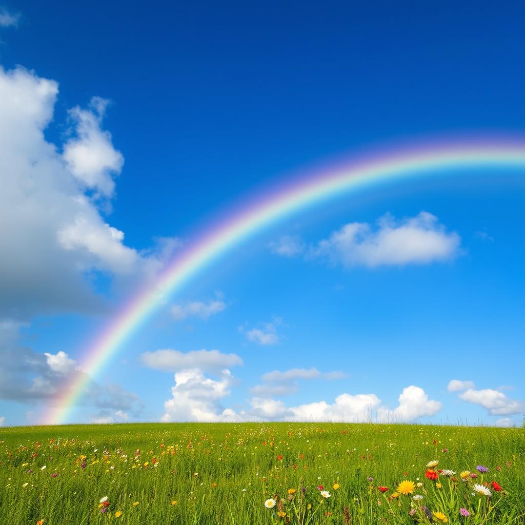 A vibrant and colorful rainbow stretching across a bright blue sky, with fluffy white clouds floating gently
