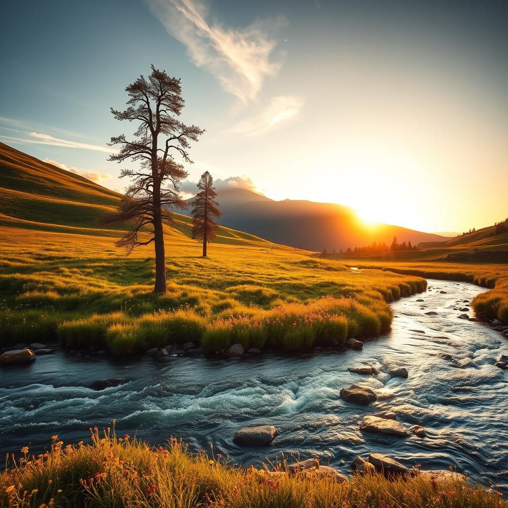 A serene landscape at sunrise featuring rolling hills covered with lush green grass and scattered wildflowers in a variety of vibrant colors
