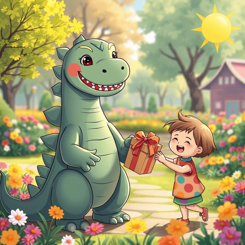 A charming and friendly Godzilla character gently holding a child's hand while giving them a beautifully wrapped gift