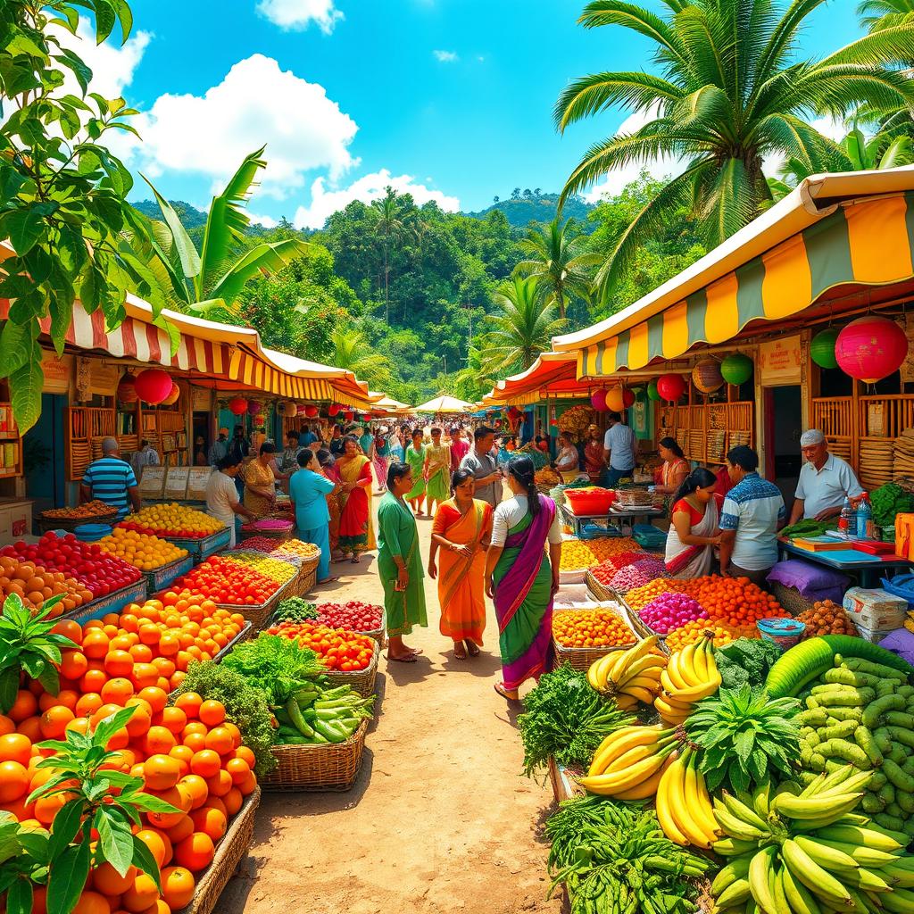 A vibrant and dynamic image showcasing a lively and colorful scene of a bustling outdoor market filled with various stalls, offering exotic fruits and local delicacies, surrounded by people in traditional clothing interacting joyfully
