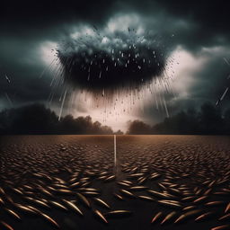 An album cover illustrating a rain of bullets against a dramatic and moody backdrop