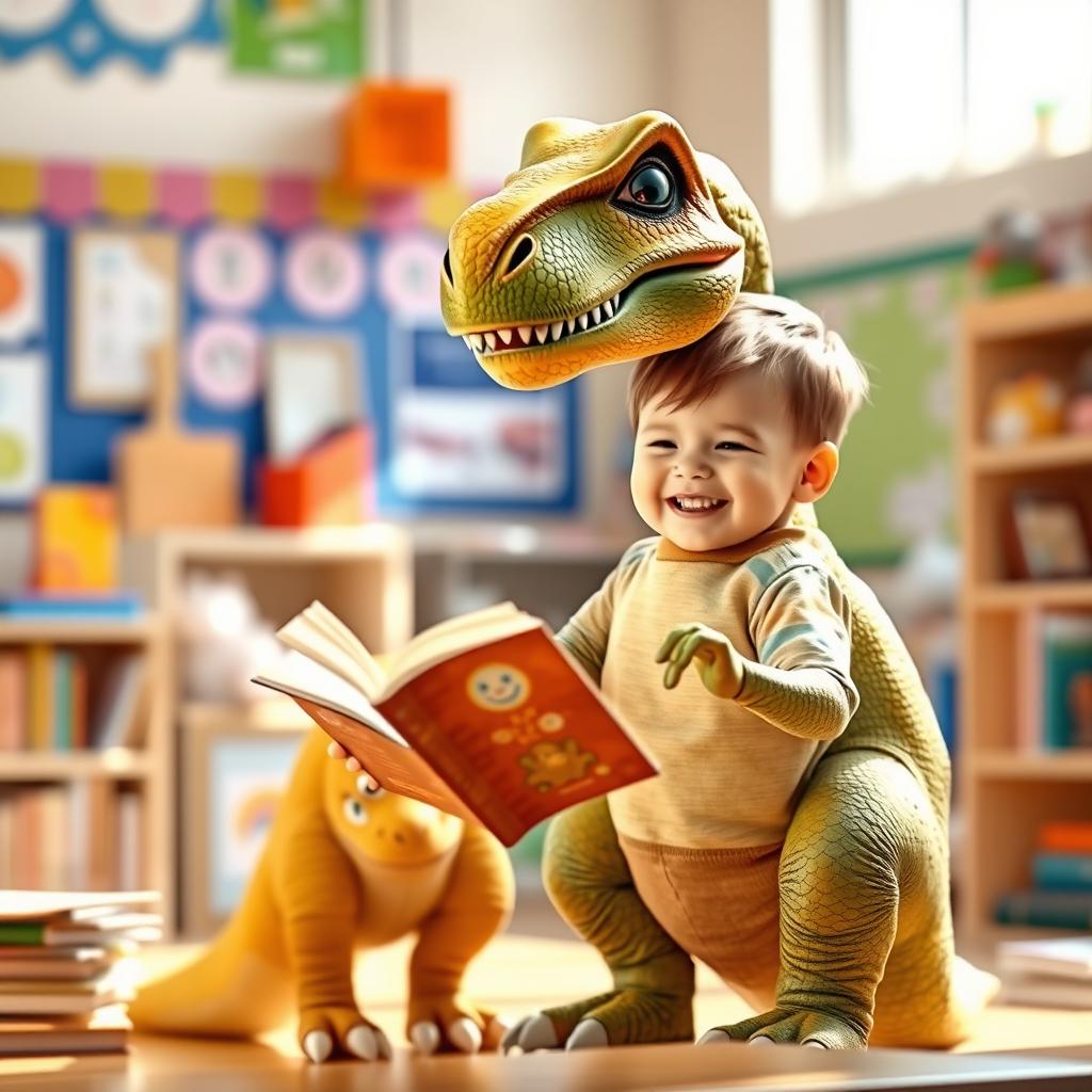 A realistic yet charming dinosaur, resembling a T-Rex, standing upright and holding a book with its small arms, playfully interacting with a young child who is around 6 years old