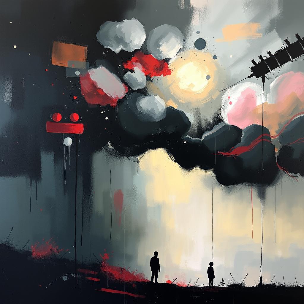 An abstract expressionist painting that embodies complex emotions of feeling lost, heartbroken, alone, angry, scared, and misunderstood, with darker hues representing despair, lonely figures in muted colors, shadowy spaces evoking a sense of isolation, jagged lines symbolizing anger and fear, yet gradually transitioning into lighter tones symbolizing hope