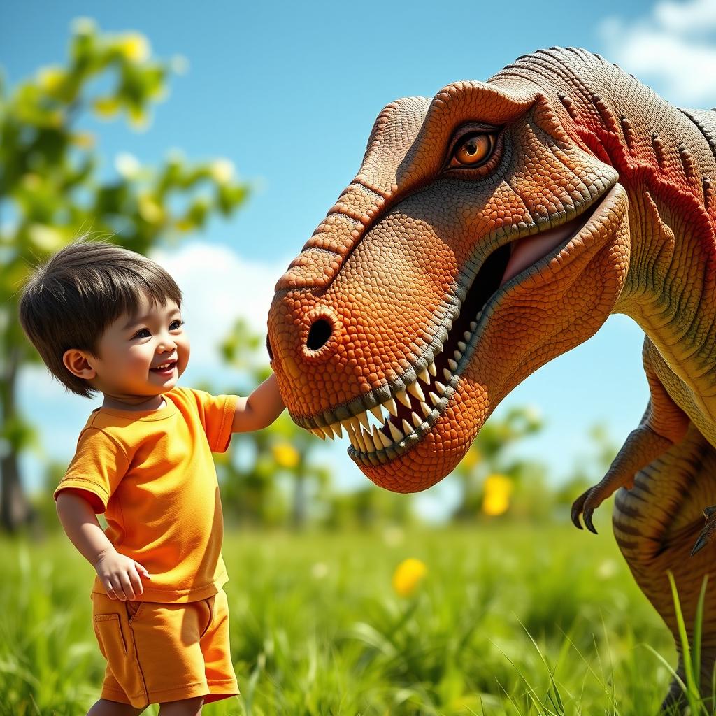 A realistic dinosaur, such as a Tyrannosaurus Rex, gently holding a child's hand, depicting a whimsical and friendly scene