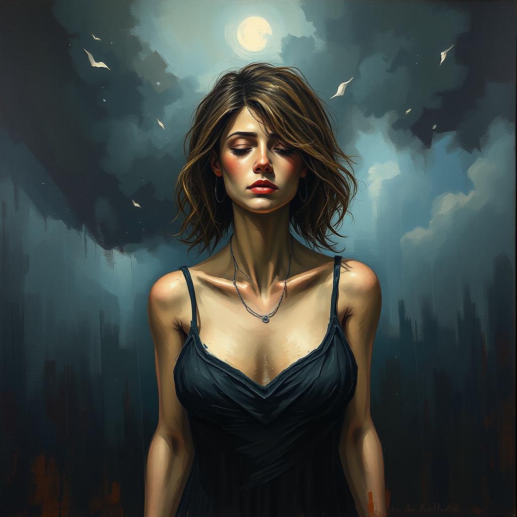 An emotional artwork depicting a woman standing alone, embodying feelings of being lost, unheard, tired, desperate, heartbroken, angry, scared, and misunderstood