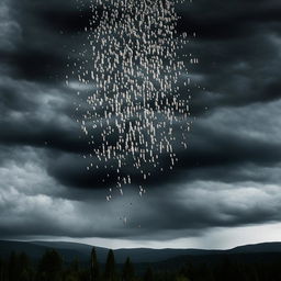 A rain of bullets falling from a cloudy sky against a dark, stormy backdrop.