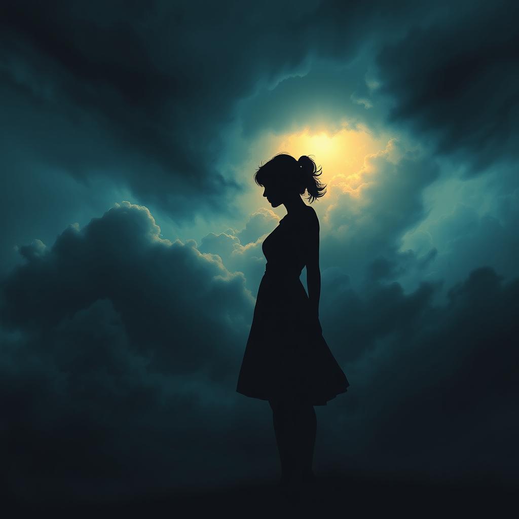An emotive artwork featuring a female silhouette standing against a turbulent backdrop, symbolizing her feelings of being lost, unheard, tired, desperate, heartbroken, alone, angry, scared, and misunderstood
