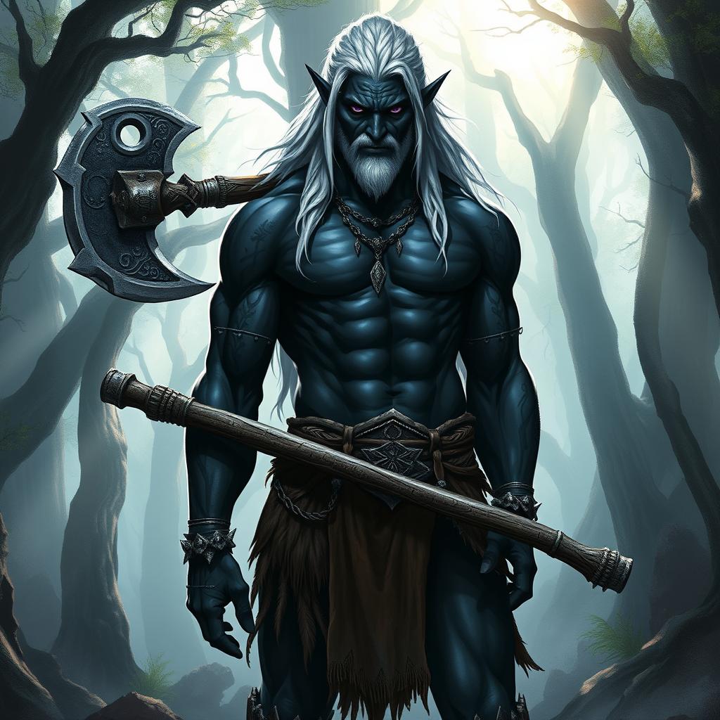 A strong male drow elf barbarian stands confidently, wearing a rugged animal skin loin cloth