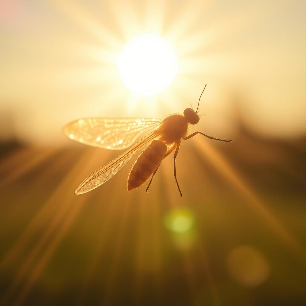 A stunning close-up of a dazzling firefly flying gracefully in front of a brilliant sun, with intense rays of light radiating outward, creating an enchanting and whimsical atmosphere