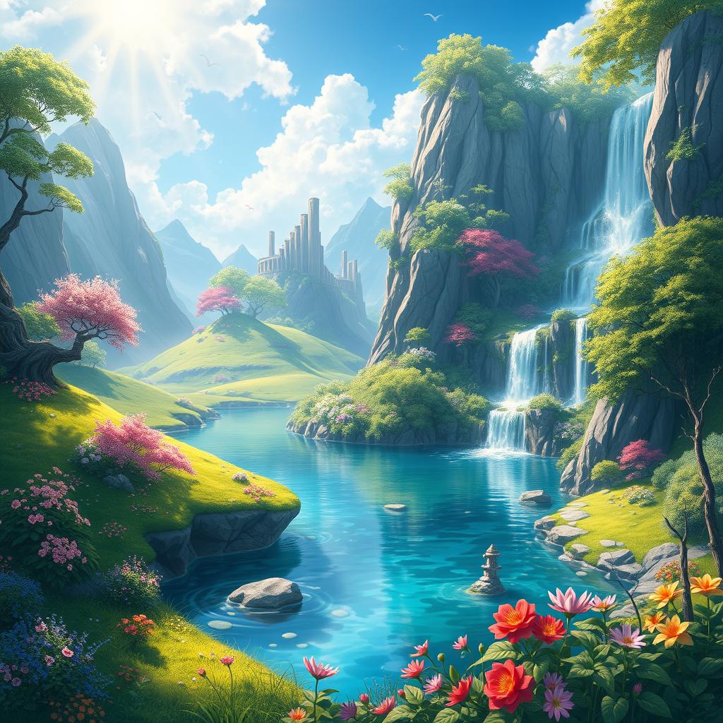 A stunning fantasy landscape that seamlessly combines two scenic views inspired by the art style of Genshin Impact