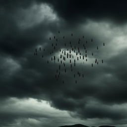 A rain of bullets falling from a cloudy sky against a dark, stormy backdrop.