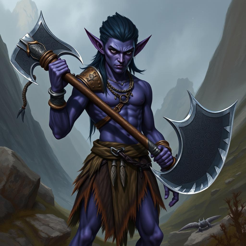 A young male drow elf barbarian with striking purple toned skin, wearing only an animal skin loin cloth