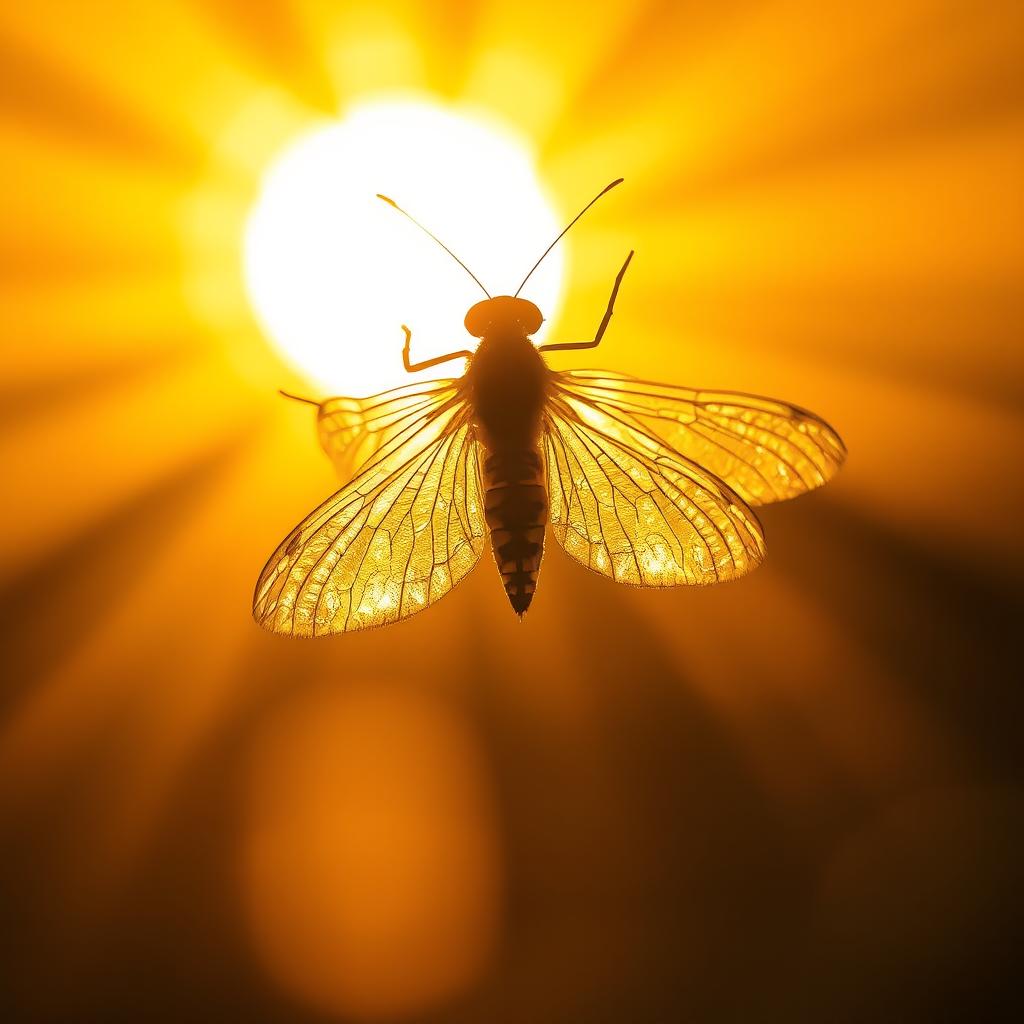 A breathtaking close-up of a luminous firefly positioned gracefully in front of a radiant sun, with vibrant sunbeams radiating outward, creating a magical scene