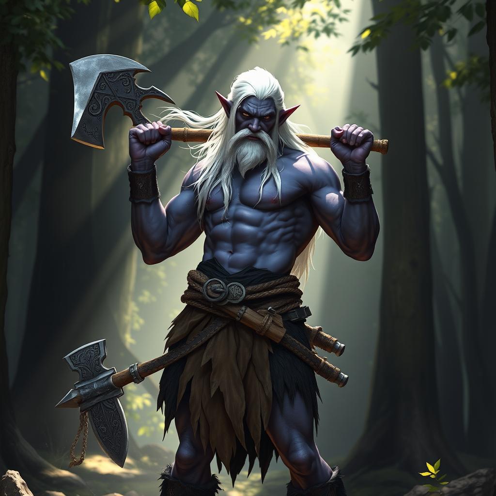 A strong 30-year-old male drow elf barbarian stands confidently, his striking purple-toned skin glistening in the sunlight