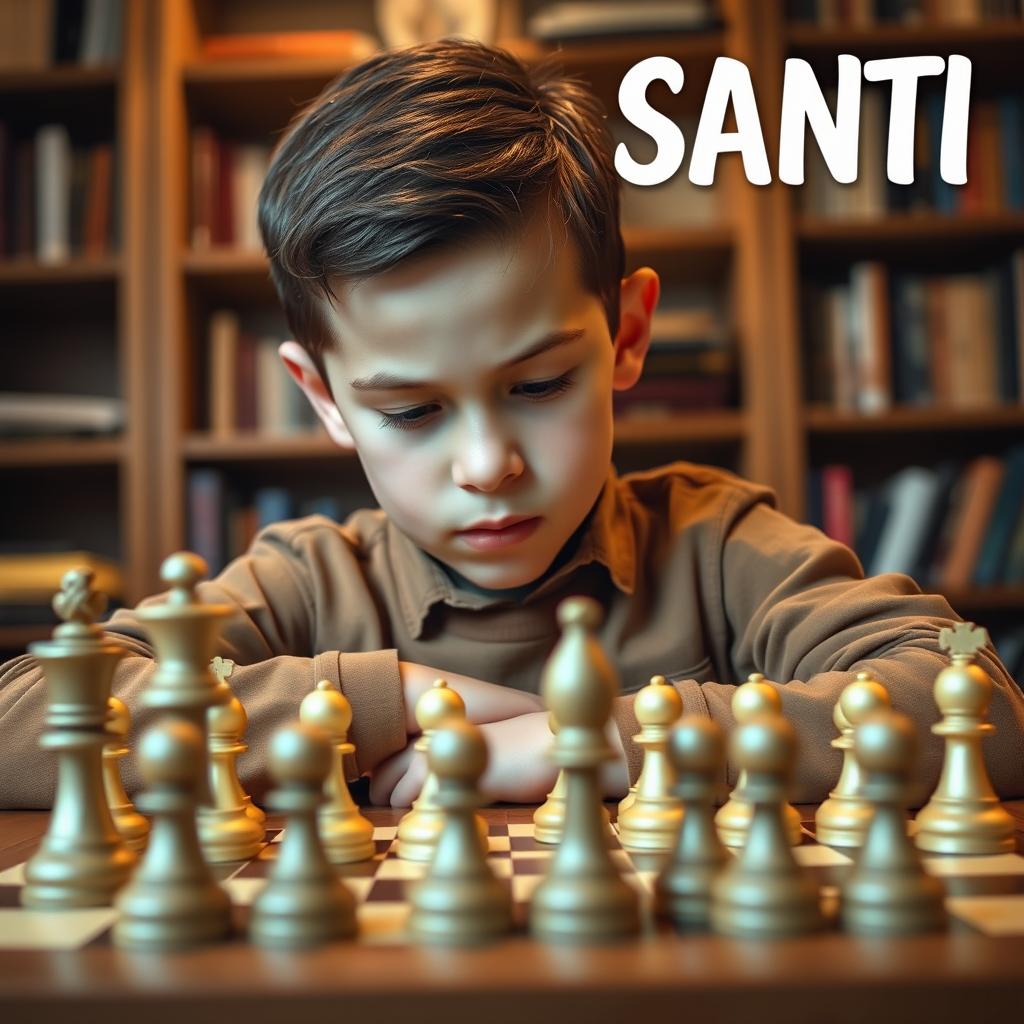 A boy intently playing chess, with a chessboard set up in front of him