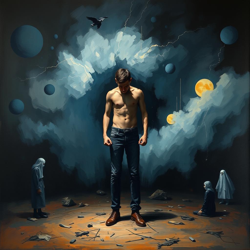 A powerful and emotive painting depicting a person in a stormy, abstract landscape representing their tumultuous feelings