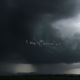 A rain of bullets falling from a cloudy sky against a dark, stormy backdrop.