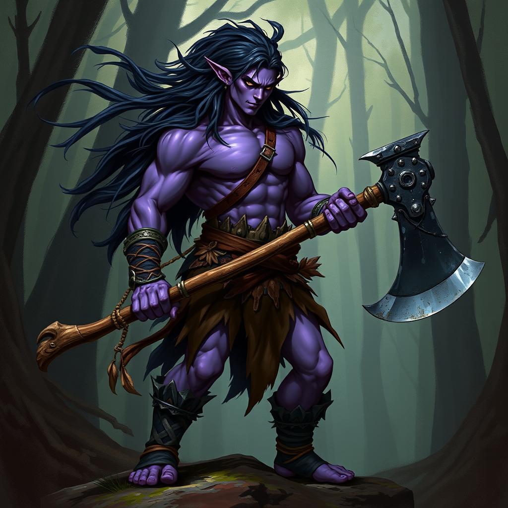 A powerful 20-year-old male drow elf barbarian with purple-toned skin and flowing black hair