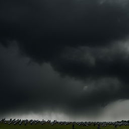 A rain of bullets falling from a cloudy sky against a dark, stormy backdrop.