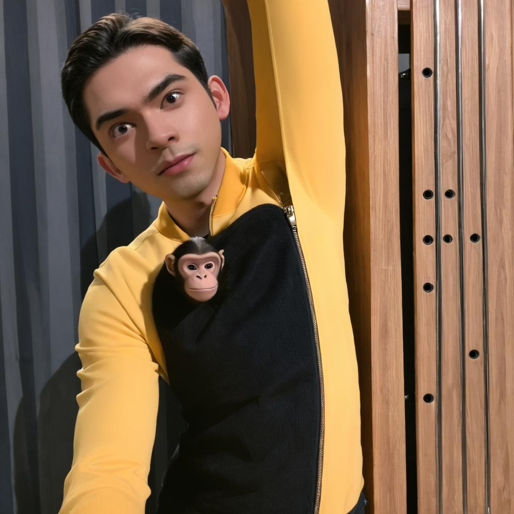 Make the character in the back look like a cgi monkey please