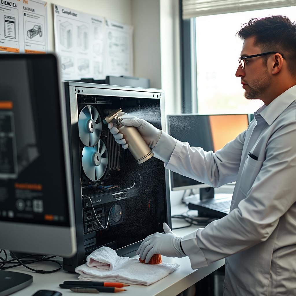 A technician in a modern workspace meticulously cleaning a PC system unit