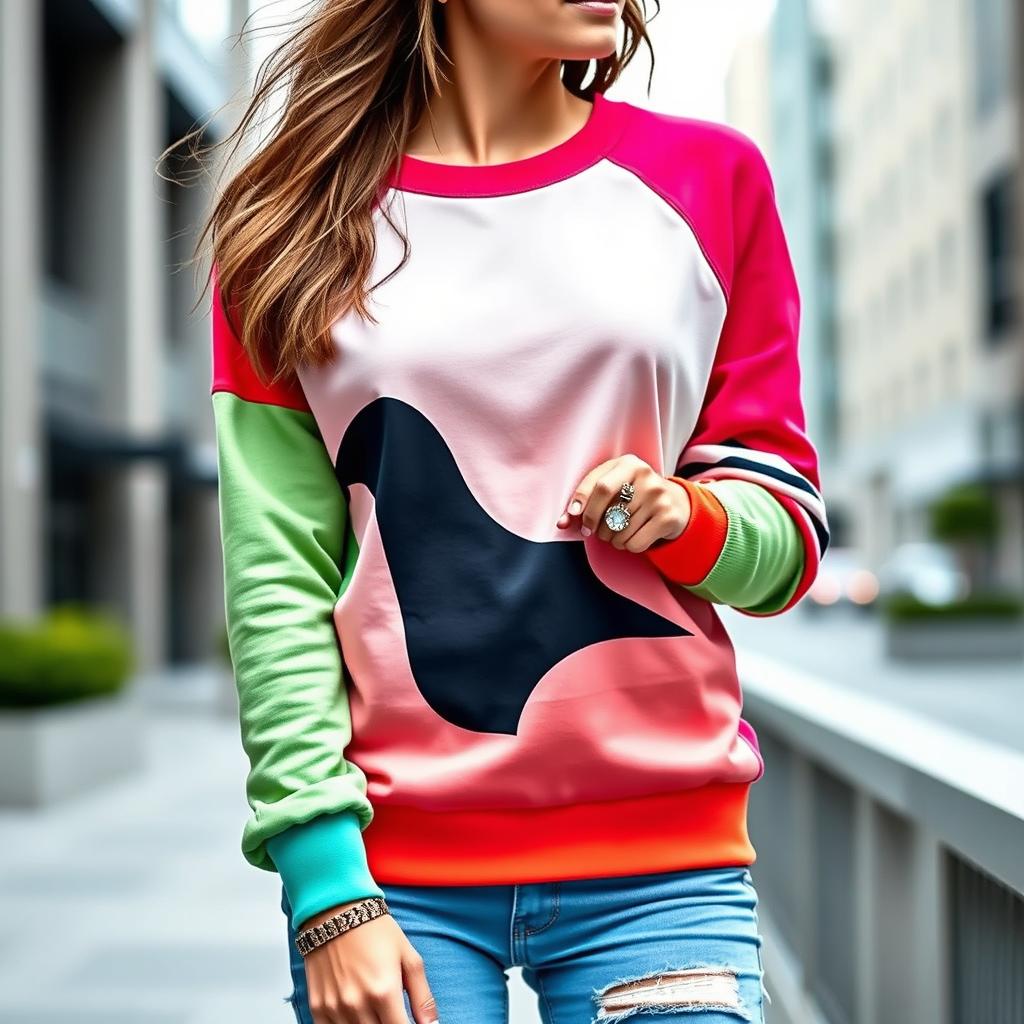 A stylish and modern design featuring a raglan sleeve sweatshirt made of soft and comfortable fabric, styled with a fashionable wrist accessory