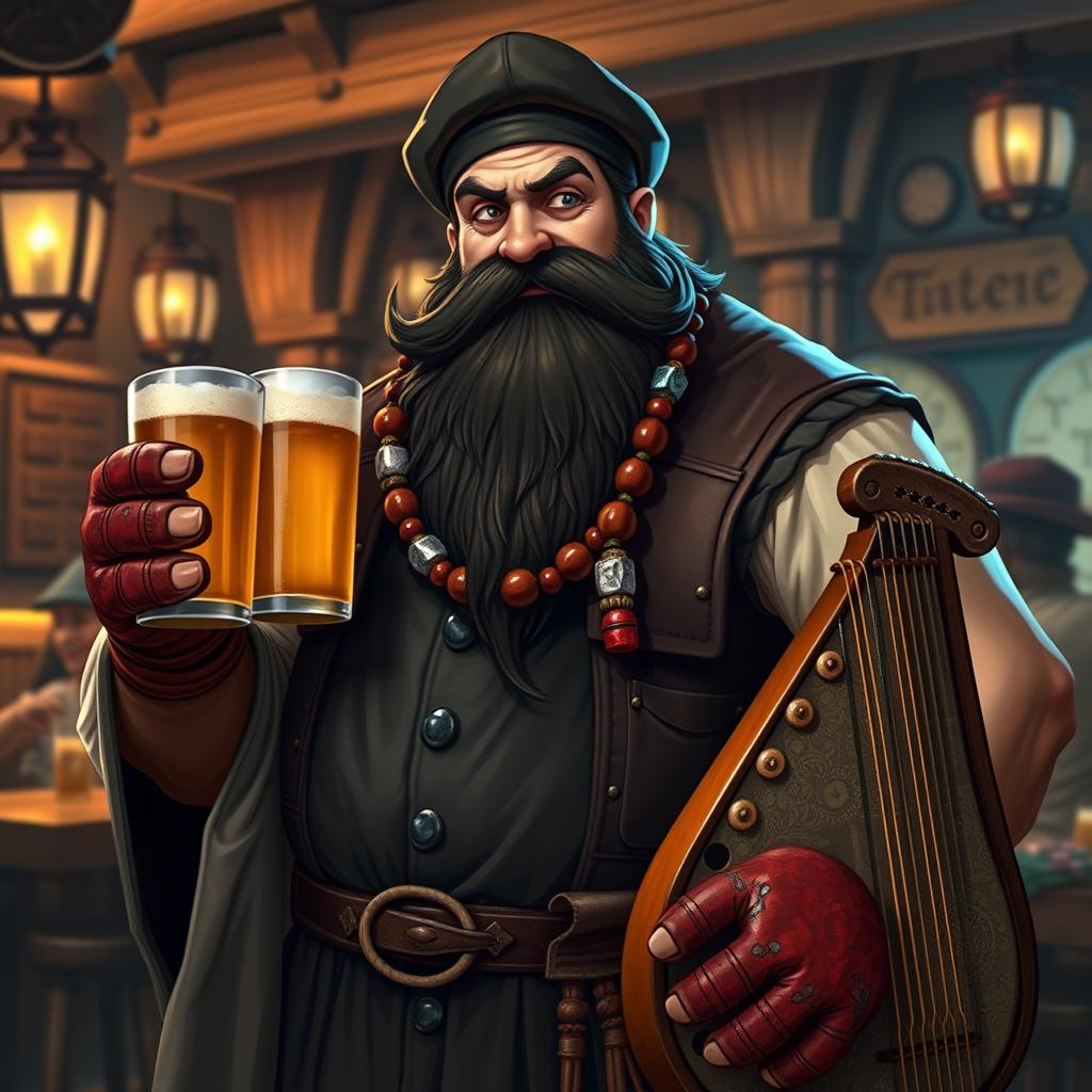 A muscular bouncer-monk character with a thick resinous black beard, wearing a cassock and a leather vest over a shirt