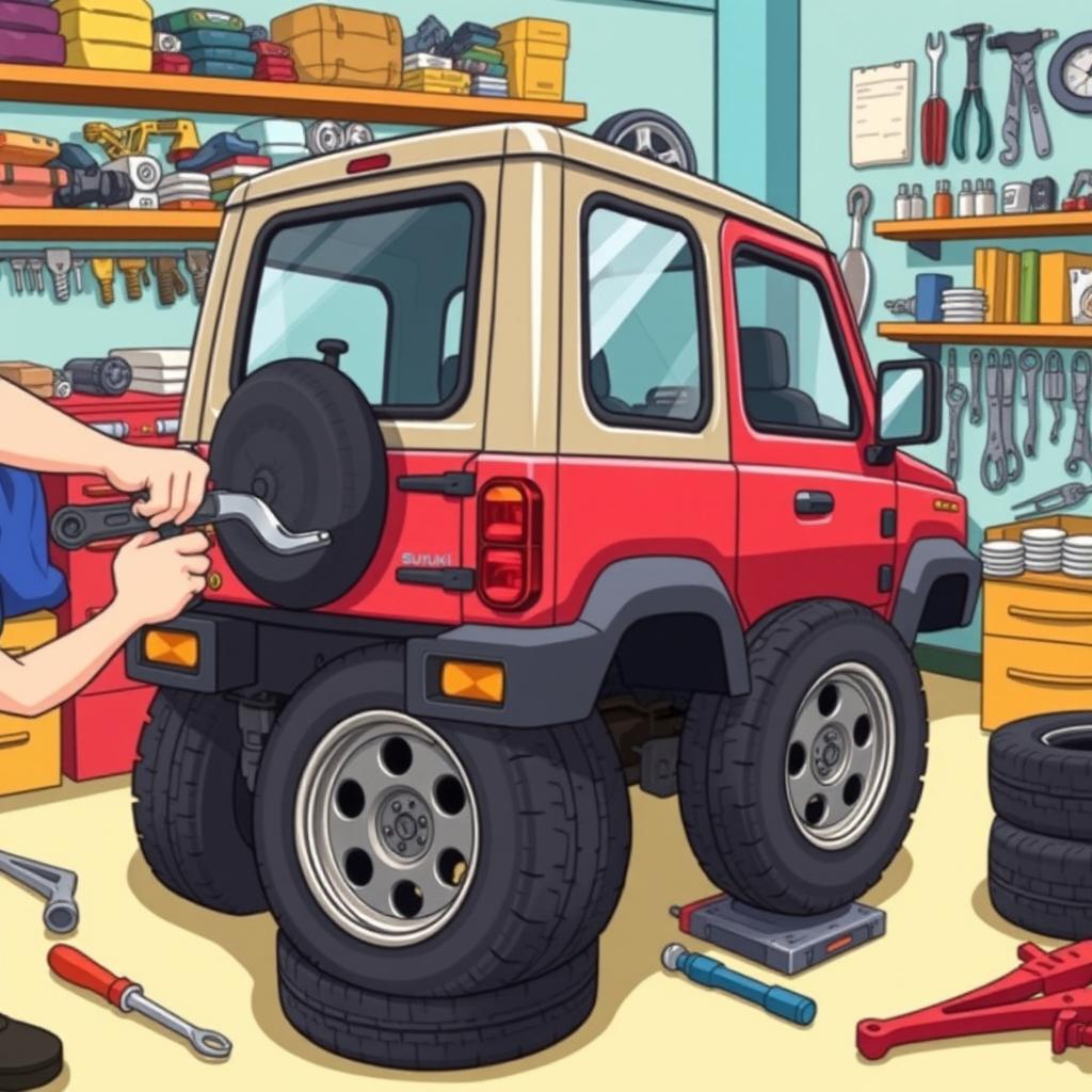 A colorful and engaging illustration of a Suzuki Jimny having its wheels assembled in a workshop
