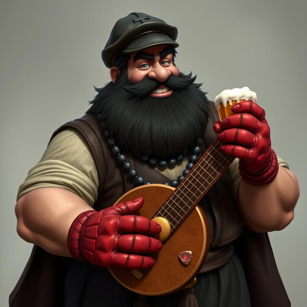 A muscular bouncer-monk character with a thick, resinous black beard, wearing a cassock and leather vest over a shirt